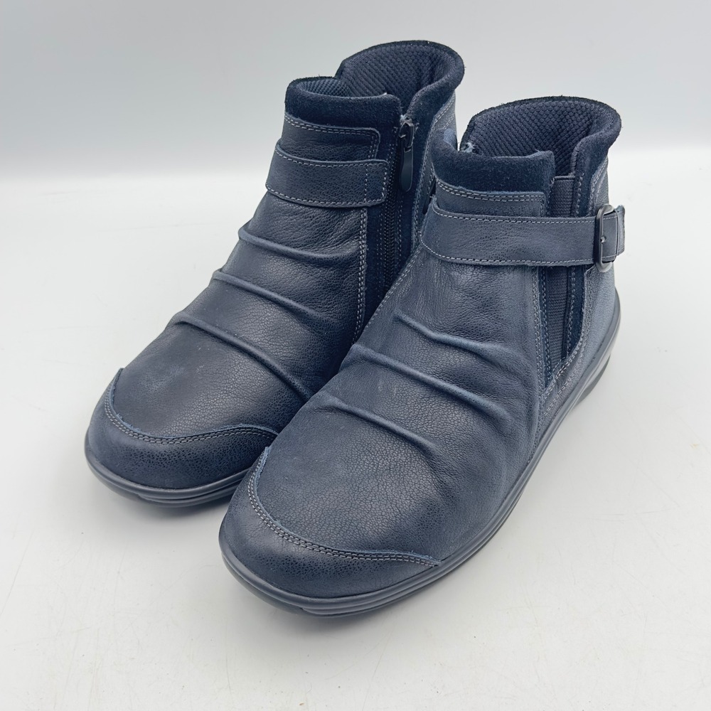 Orthofeet 92005 Boots Navy Leather Ruched Ankle 8 X-Wide Orthopedic Comfort